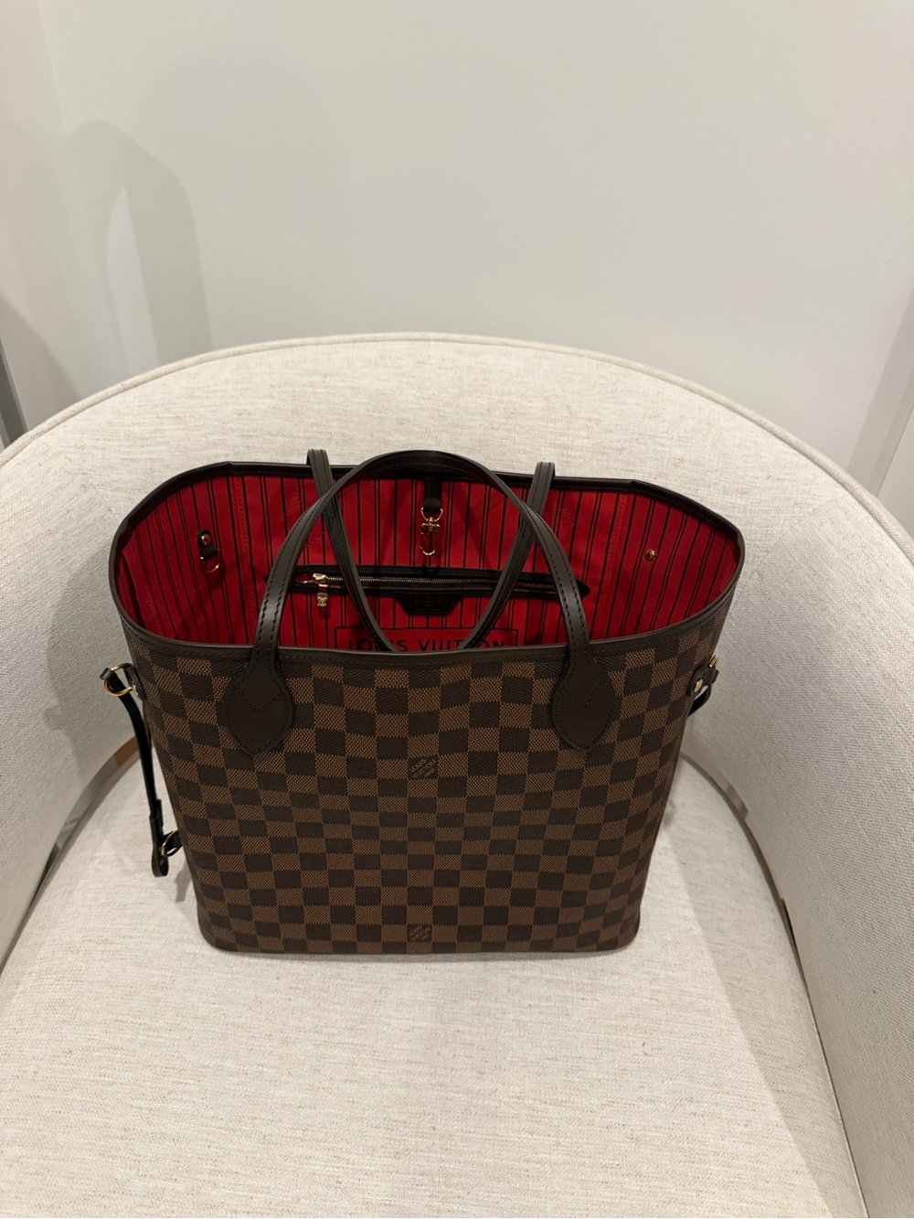 Louis Vuitton Damier Ebene Tote with Red Lining